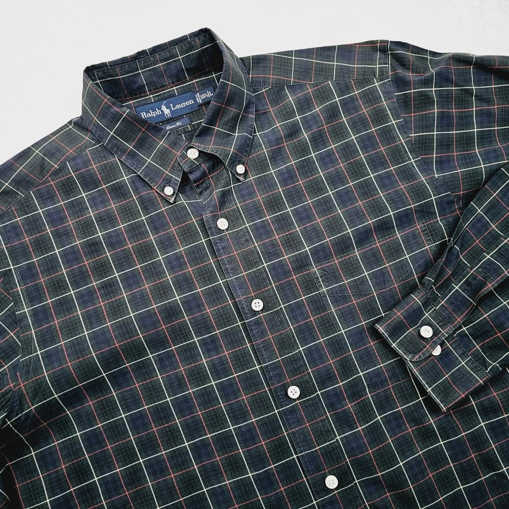 Ralph Lauren‎ Classic Fit Shirt Mens 16.5 Plaid Button Down Green Blue Red